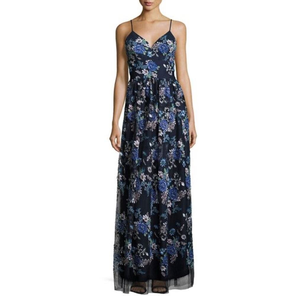 Nicole Miller New York Floral Appliqué Embroidered Maxi Dress Gown